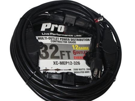 ProX XC-MEP12-326 120VAC NEMA 15 Male to 6 Socket Female Power-Extension Cord 12-3 AWG (Black) - 32 Ft. Online Hot Sale