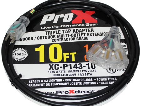 ProX XC-P143-10 120VAC NEMA 15 Male to 3 Socket Female Power-Extension Cord 14 AWG - 10ft Online Sale